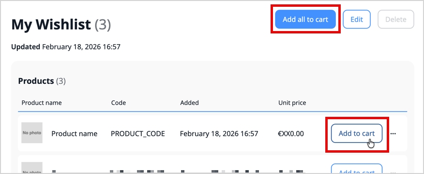 “Add to cart” and “Add all to cart” buttons Shopping list product list with highligts on "Add to cart" and "Add all to cart" buttons