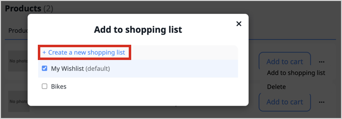 Create a new shopping list from another shopping list Shopping list product list with three-dots drop-down menu having "Add to shopping list", the "Add to shopping list" pop-in modal with an highlight on the "+ Create an new shopping list" option