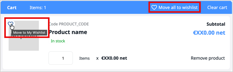 “Move to My Wishlist” and “Move all to wishlist” buttons Cart's product list with highligts on "Move to My Wishlist" and "Move all to wishlist" buttons
